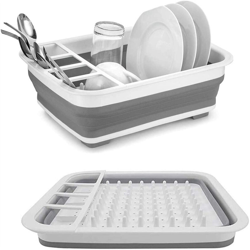 Foldable Dish Rack Kitchen Drainer Tool Bowl Tableware Plate Storage Organizer Holder Portable Fold Drying Home TPR Rack Shelf
