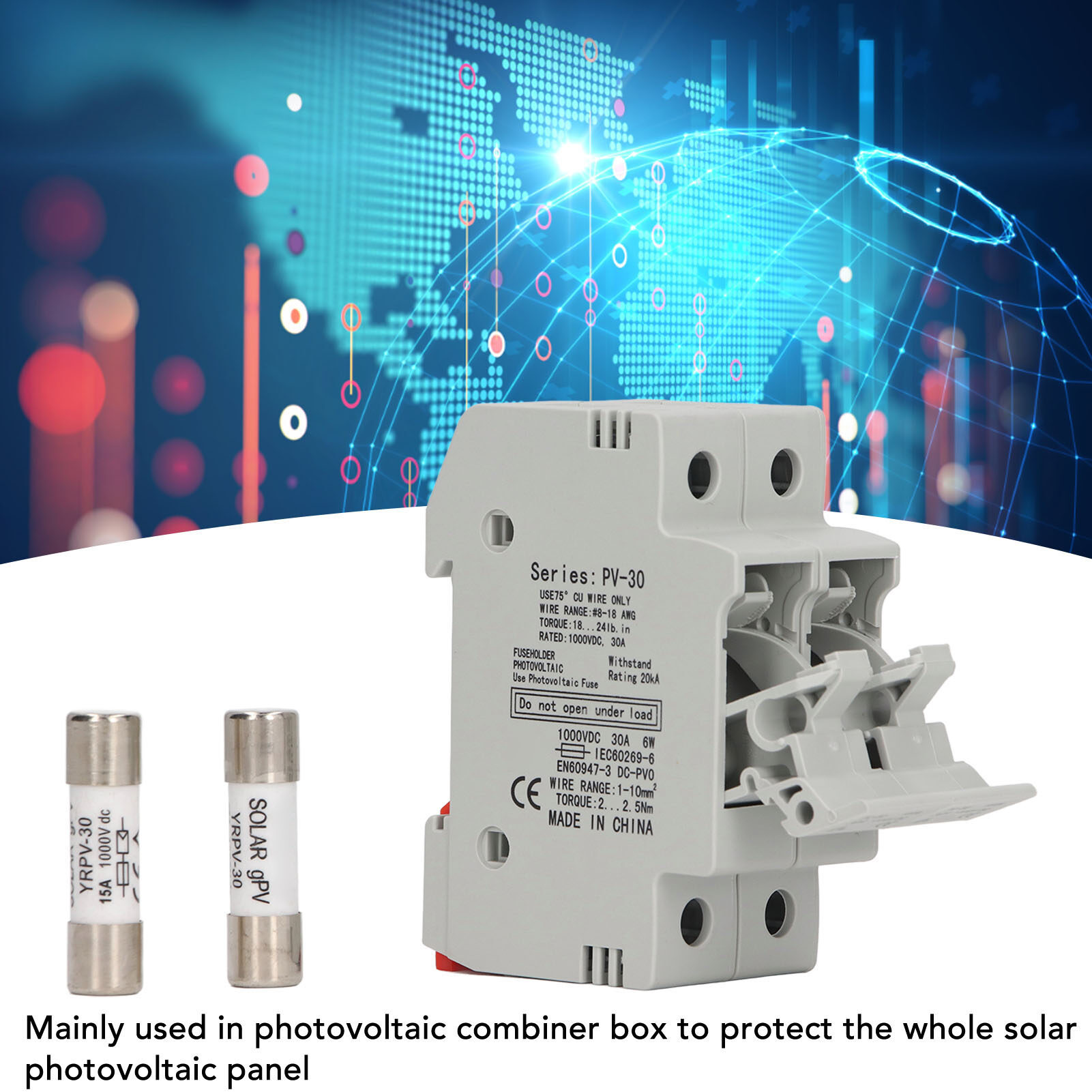 Photovoltaic fuse holder, 2p pv fuse holder 15a abs housing 1000v dc for combiner box
