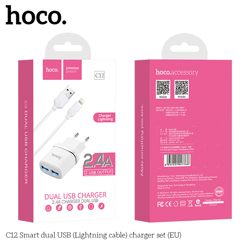 HOCO bộ sạc nhanh 2 cổng USB thông minh 2.4A cho iPhone SE 2020/ iPhone 11/ iPhone X - INTL