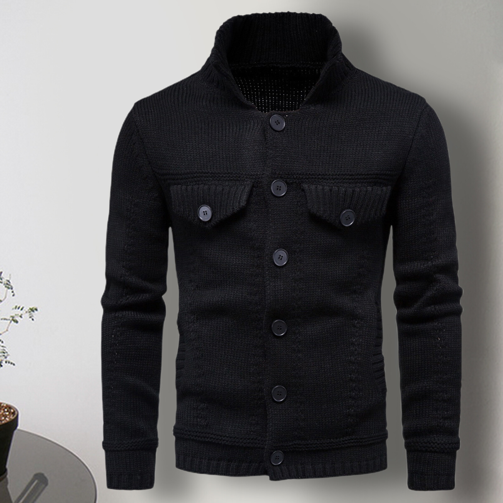 Men Sweater Coat Solid Color Single-breasted Buttons Cardigan Elastic Knitting Turn-down Collar Thick Anti-shrink Spring Coat for Daily Wear Men Jacket Buttons