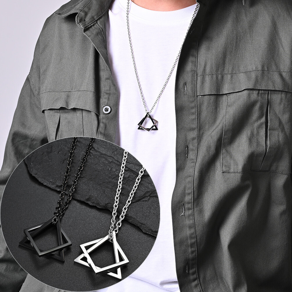 Popular Interlocking Square Triangle Male Pendant For Men Stainless Steel Modern Trendy Geometric Stacking Streetwear Necklace