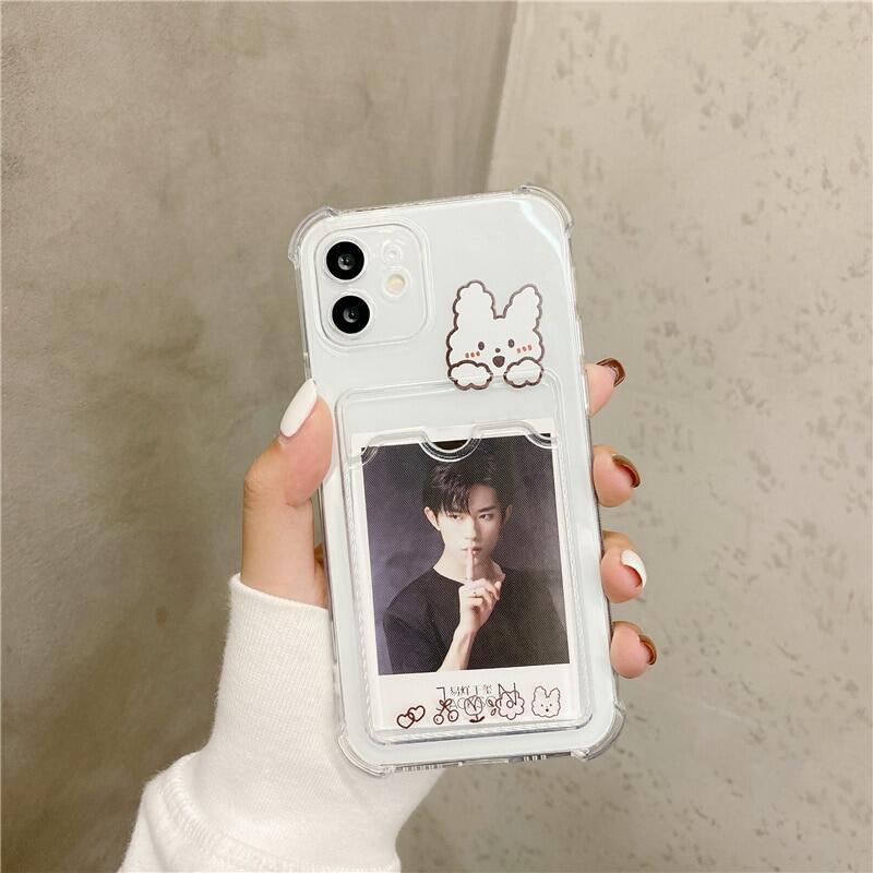 CSCR Cute Rabbit Cartoon Clear Phone Case For iPhone 11 12 13 14 15 Pro Max XS Max X XR 12 13 Mini 7 8 14 Plus Soft Wallet Shockproof Cover Bear Card Holder