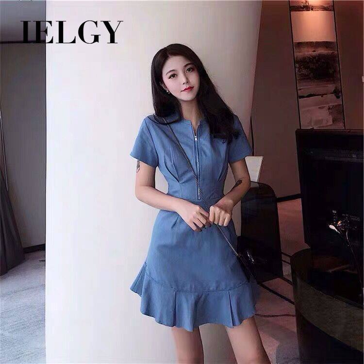 IELGY dress female design zipper short sleeve small black skirt fishtail dress
