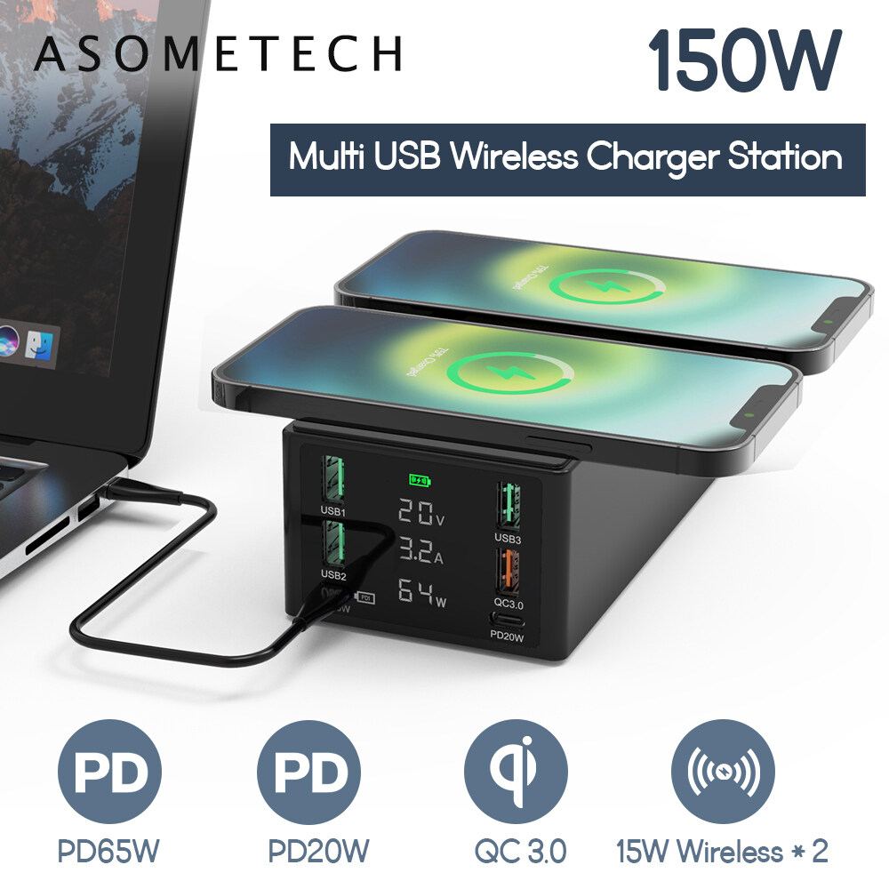Bộ Sạc Không Dây Kép 6 Cổng 150W Bộ Sạc Nhanh QC3.0 PD 65W 20W USB C Bộ
