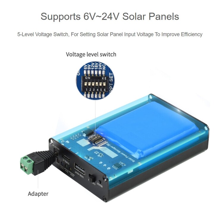 Waveshare Solar Power Manager, Embedded 10000mAh Li-Po , Support 6V~24V Solar Panels