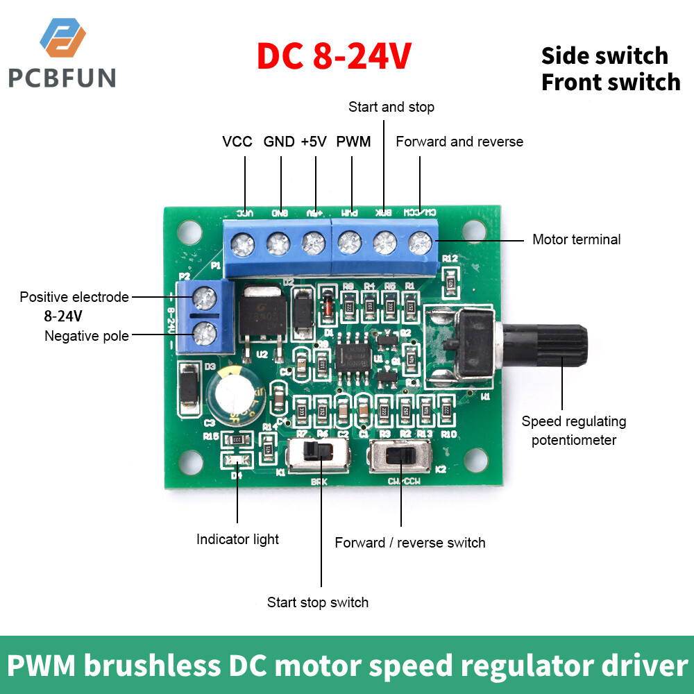 pcbfun DC8-24V PWM brushless DC motor speed regulator driver motor speed control board forward and reverse controller 18KHZ
