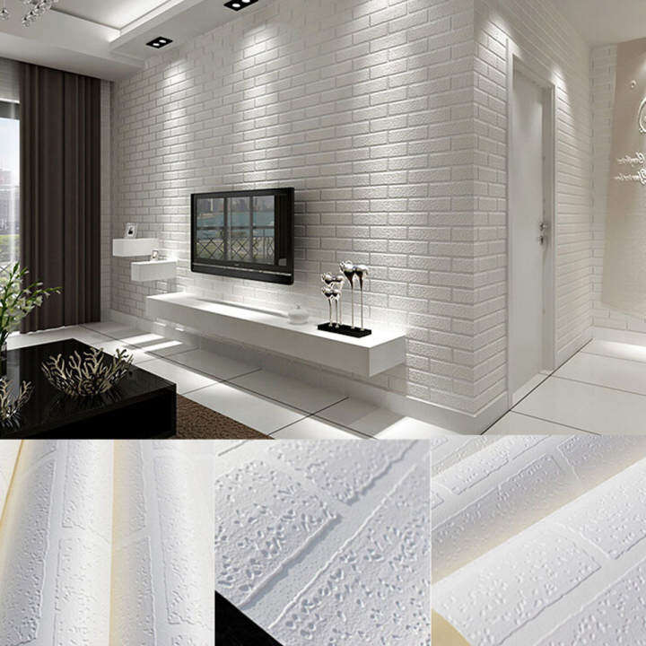 10m Brick pattern 3D White Textured Non-woven Flocking Wallpaper Wall Paper Roll