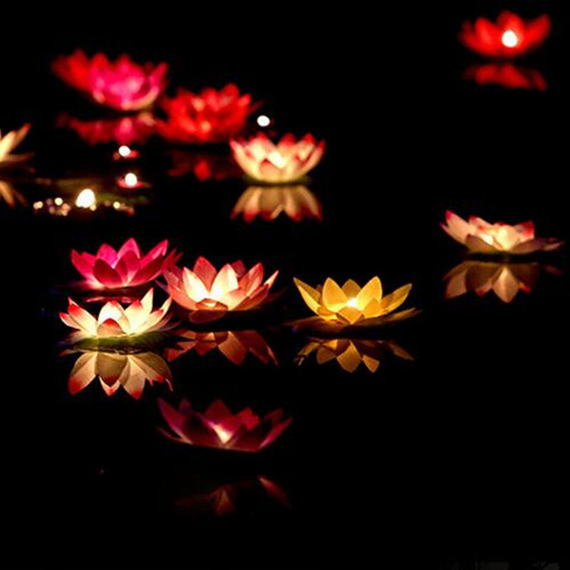 10pcs Multicolor Silk Lotus Lantern Light with Candle Floating Pool Decorations Wishing Lamp Birthday Wedding Party Decoration - intl