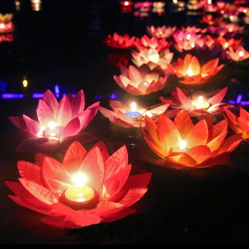 10pcs Multicolor Silk Lotus Lantern Light with Candle Floating Pool Decorations Wishing Lamp Birthday Wedding Party Decoration - intl