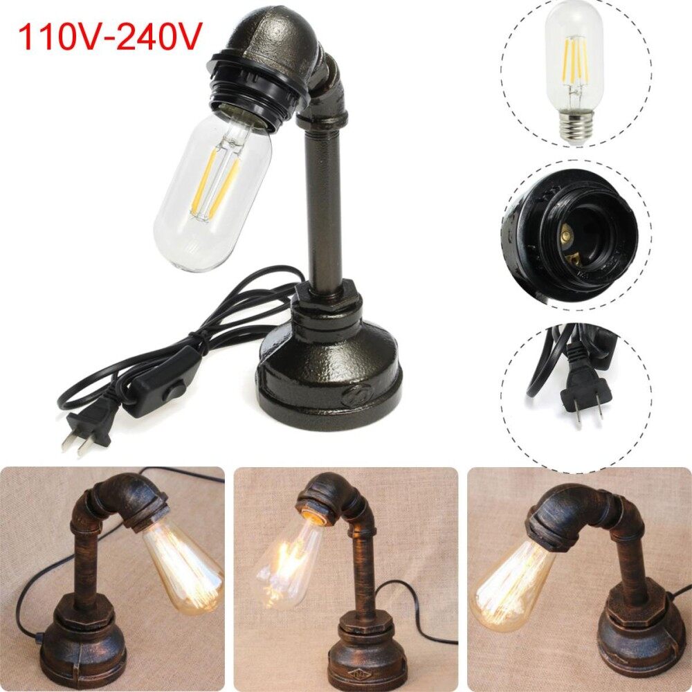 110-240V E27 Vintage Industrial Retro Iron Pipe Desk Table Lamp Light Fixture Black without bulb - intl