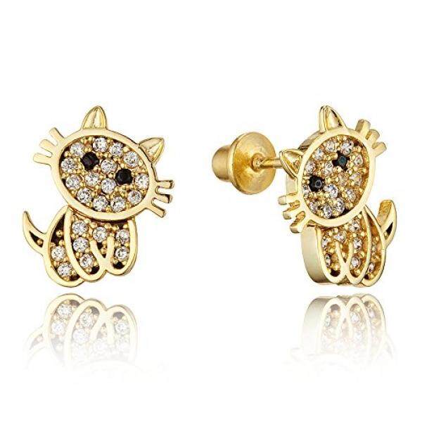 14 K Emas Disepuh Kuningan Kucing Kubik Zirkonia Screwback Bayi Perempuan Anting dengan Sterling Perak Post-Internasional