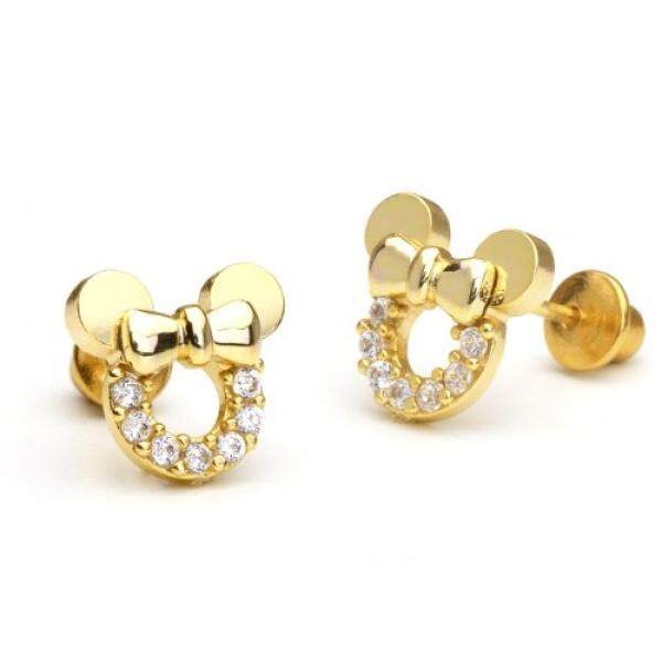 14 K Emas Disepuh Kuningan Mouse Kubik Zirkonia Screwback Bayi Perempuan Anting dengan Sterling Perak Post-Internasional