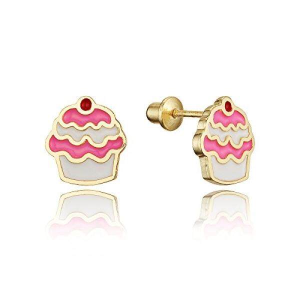 14 K Emas Disepuh Enamel Cupcake Bayi Perempuan Screwback Anting dengan Sterling Perak Post-Internasional