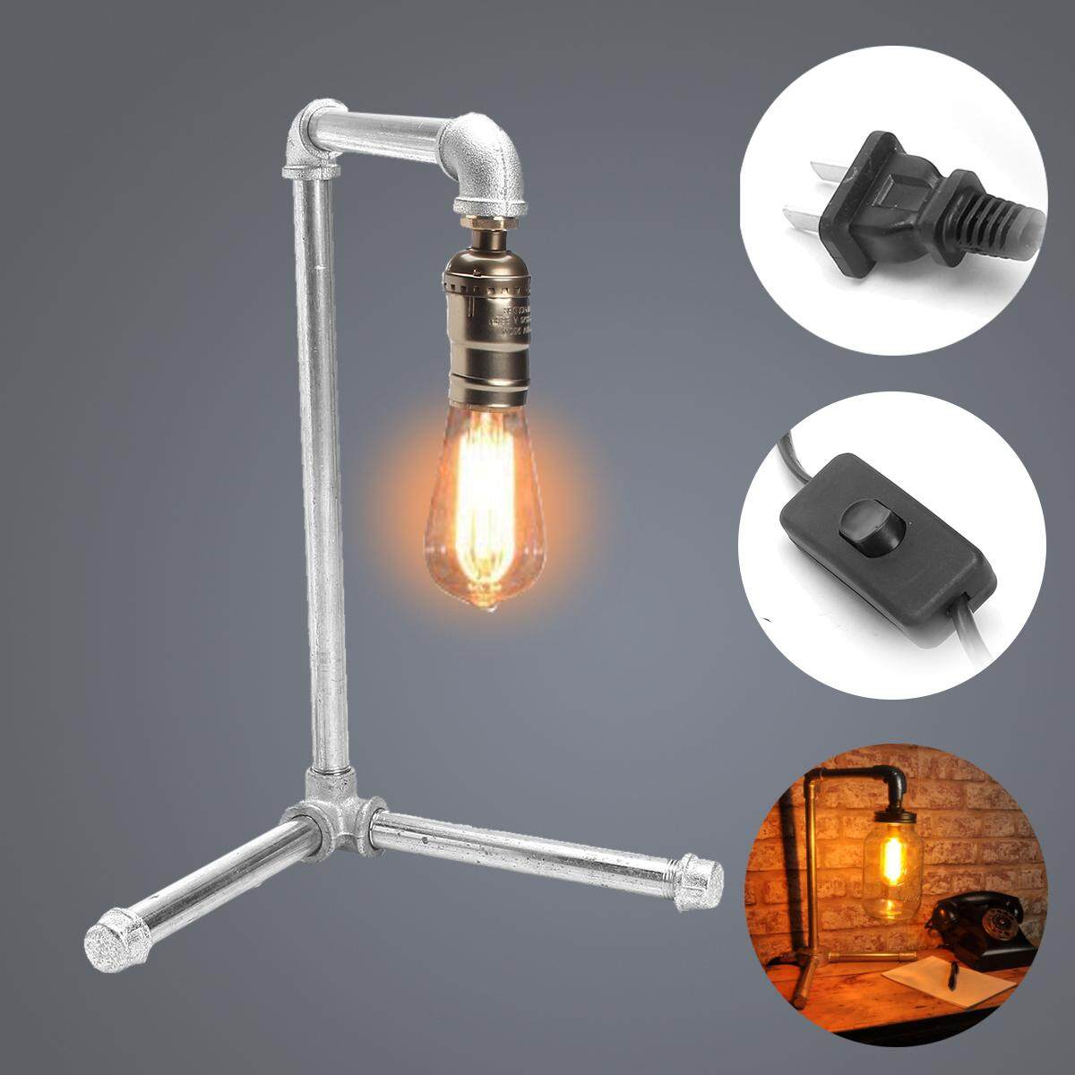 15\" E27 220V Industrial Retro Jar Desk Lamp Silver Iron Pipe Vintage Bed Side - intl