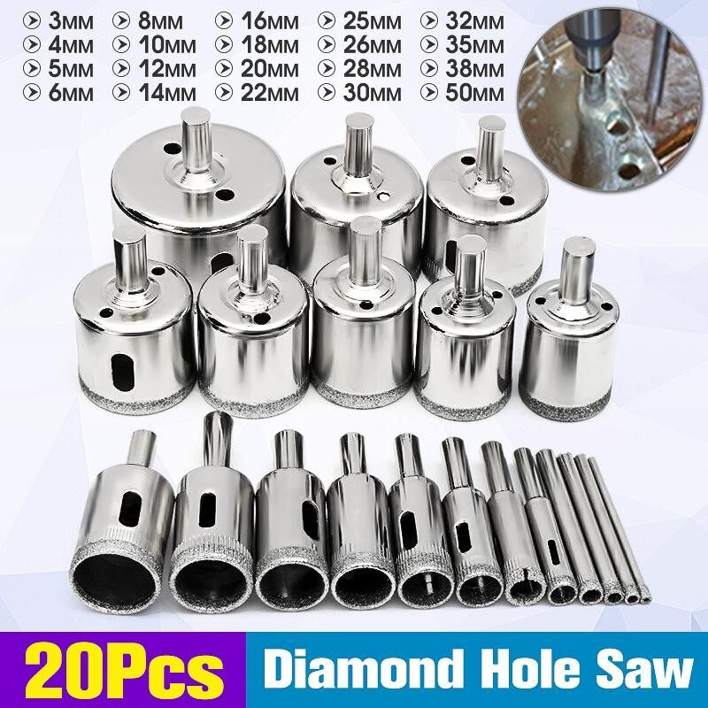 20 Pcs 3-50 Mm Berlian Mata Bor Set Pembuat Lubang Pemotong Alat Kaca Marmer Granit-Intl