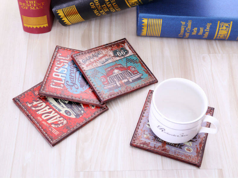 4pcs 10x10cm Rusted Old Car Garage Service Route 66 PU Leather Bar Coaster Table Cup Holder Drink Placemat Mat - intl