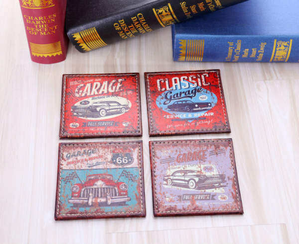 4pcs 10x10cm Rusted Old Car Garage Service Route 66 PU Leather Bar Coaster Table Cup Holder Drink Placemat Mat - intl