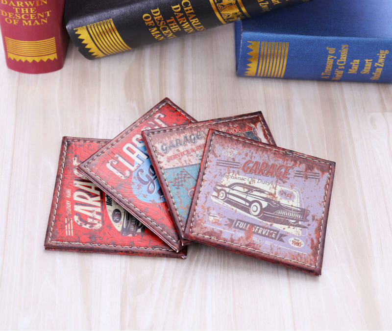 4pcs 10x10cm Rusted Old Car Garage Service Route 66 PU Leather Bar Coaster Table Cup Holder Drink Placemat Mat - intl