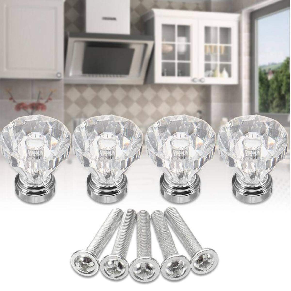4 Pcs Kaca Kristal Bening Kenop Pintu Laci Lemari Mebel Handle Knob
