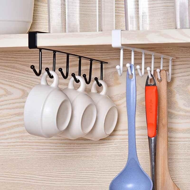 6 Hooks Cup Holder Hang Kitchen Cabinet Under Shelf Storage Rack Organiser Hook