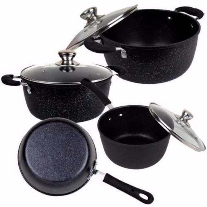 7pcs Marble Stone Nonstick Frying Pan, Saucepan & Casserole Pot with Glass Lid Induction Cookware Set (Black)