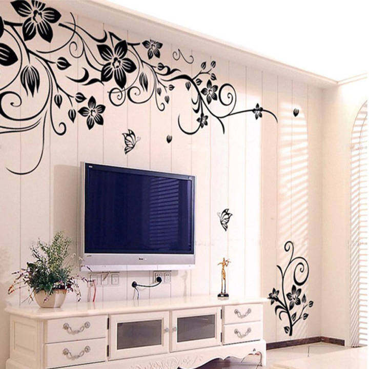 Art Flowers and Vine Pattern Removable PVC Room TV Backdrop Entrance Home Office Wall Decor Sticker Mural Decal Wallpaper Black