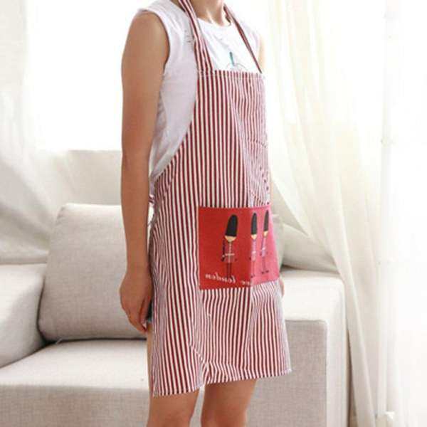 BELLE Fashion Stripe Linen Apron With Pockets Thick Anti-oil Household Kitchen Apron red & white soldiers