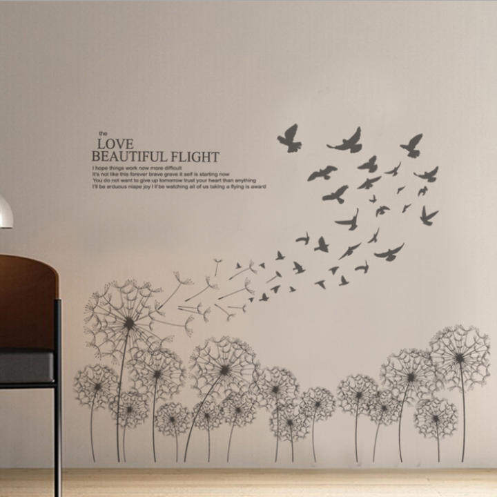 Black Elegant Dandelion Birds English Letters Wall Decal Home Sticker PVC Murals Paper House Decoration Wallpaper Living Room Bedroom Art Picture for Kids Teen Senior Adult Baby