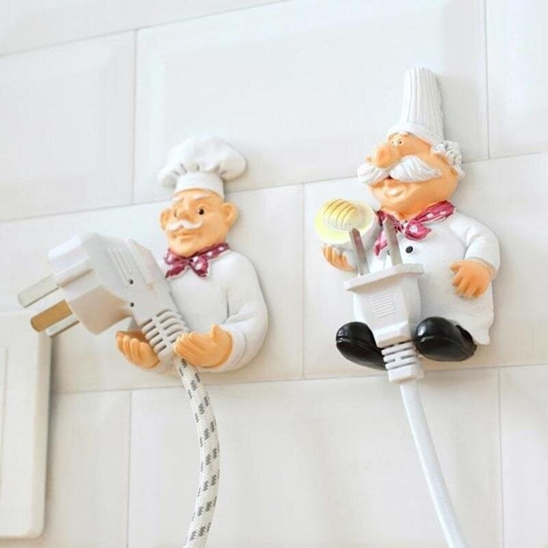 Cartoon Kitchen Chef Outlet Power Cord Storage Hook Rack Strong Stick Hook Plug Multifunction Finishing Bracket Wall Holder