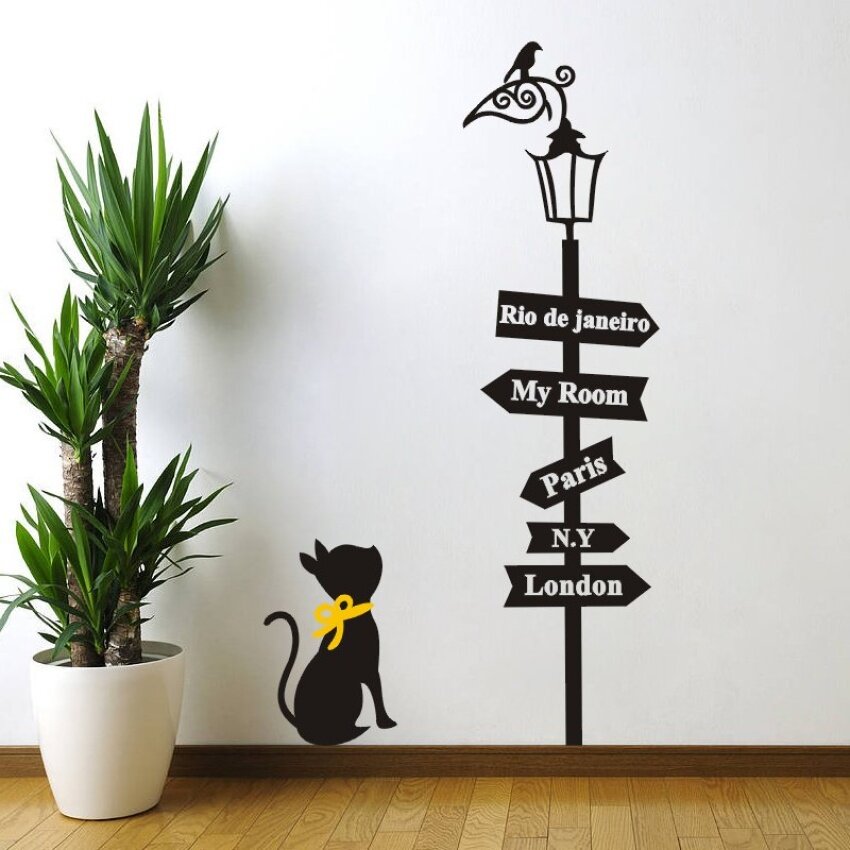 Kucing Melihat Lampu Jalan Wallpaper Vinil Yang Dapat Dilepas Dinding Livingroom Dinding Stiker 85*48 Cm-Internasional
