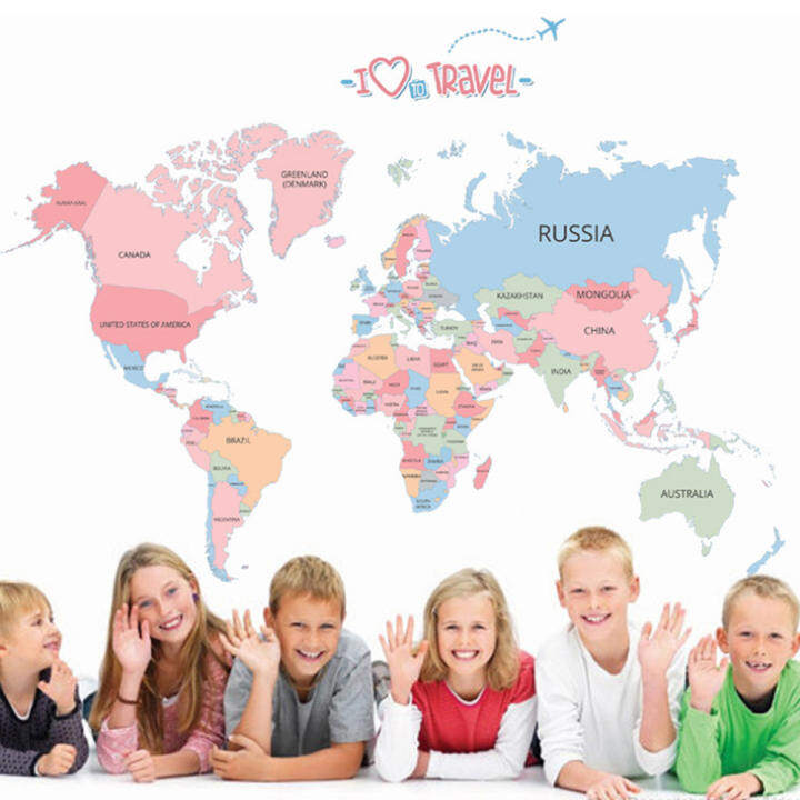 Colorful World Map Travel English Letters Wall Decal Home Sticker PVC Murals Paper House Decoration Wallpaper Living Room Bedroom Art Picture for Kids Teen Senior Adult Baby