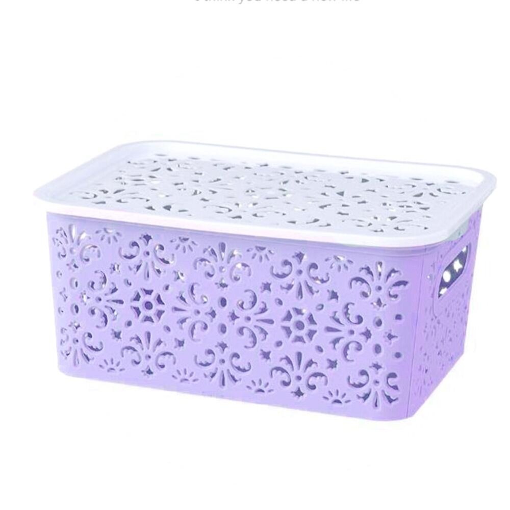 Keberuntungan-G Creative Desktop Plastik Berongga Keranjang Penyimpanan Pakaian Dalam Penyimpanan Kotak Dapur Organizer Pakaian Toys Penyimpanan Wadah Warna: ungu Kecil (Punya Penutup)-Internasional