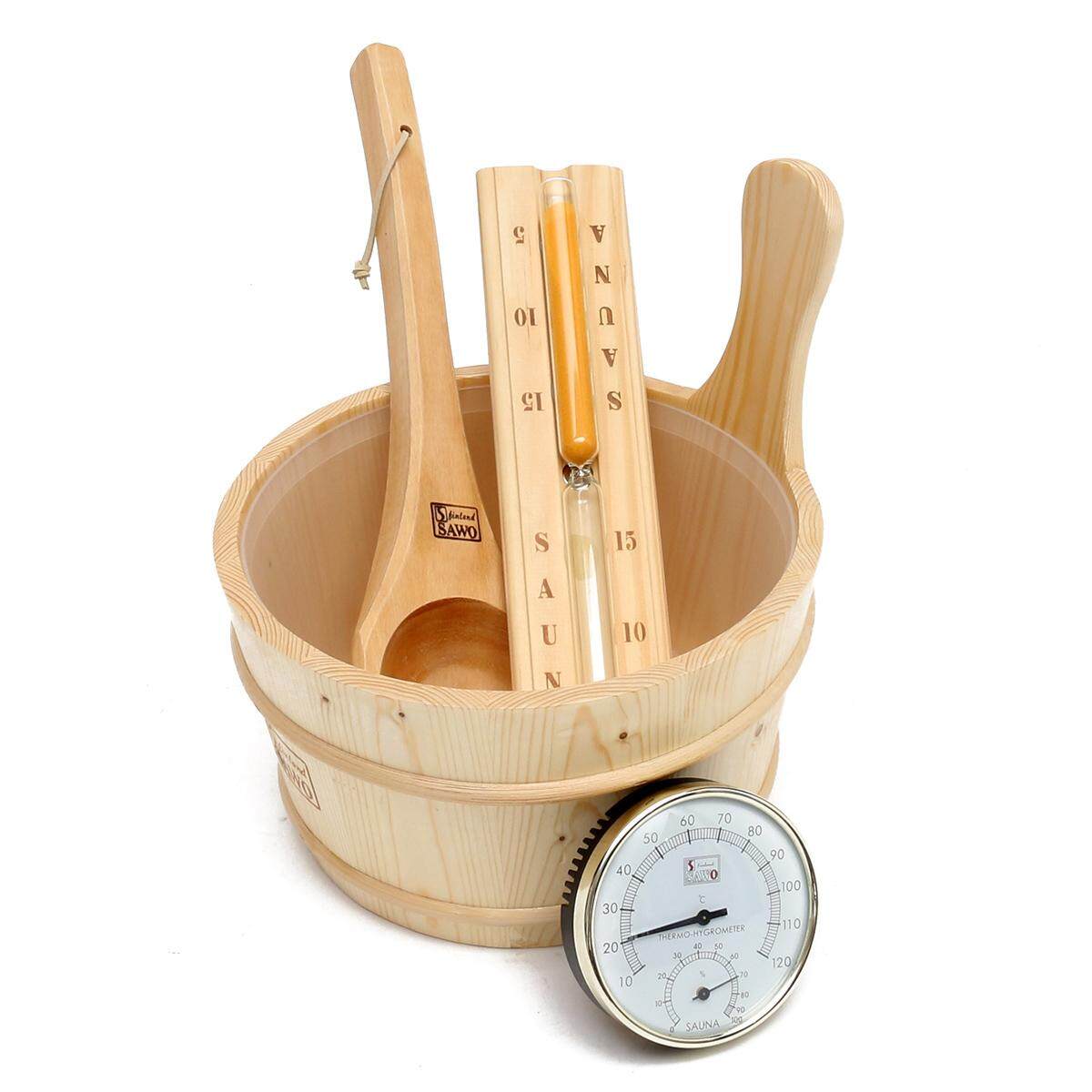 Deluxe Sauna Accessory Set, Bucket, Ladle Dipper, Lamp and Sandtimer Thermometer - intl