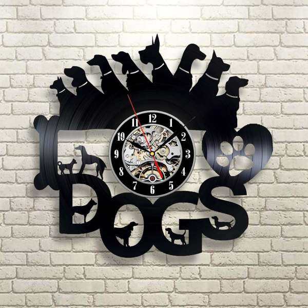 Dog Design Record Clock Shop Office Playroom Bedroom Home Wall Art Decoration - intl