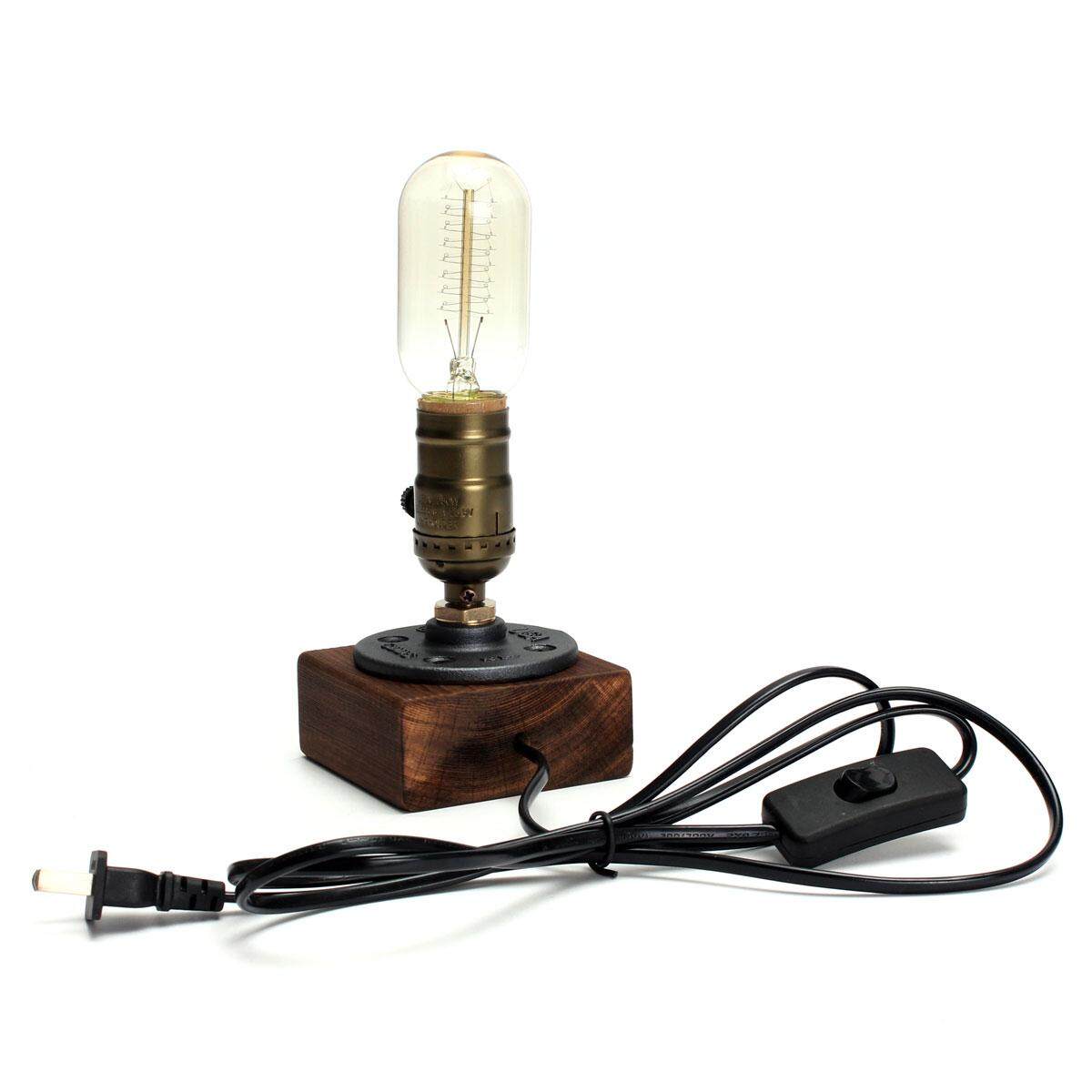 E27 Industrial Retro Vintage Edison Wooden Socket Desk Light Table Lamp Dimmable Button Switch - intl