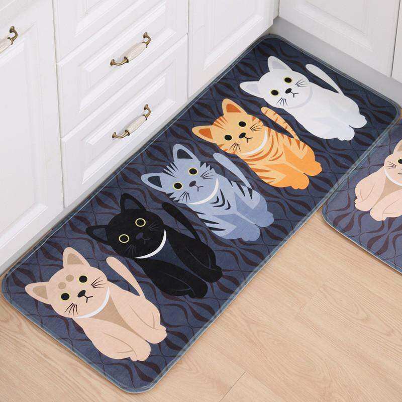 Catwalk Floor Mats Animal Cat Printed Bathroom Kitchen Carpets Doormats Cat Floor Mat for Living Room Anti-Slip - Black + 40 x 60 cm