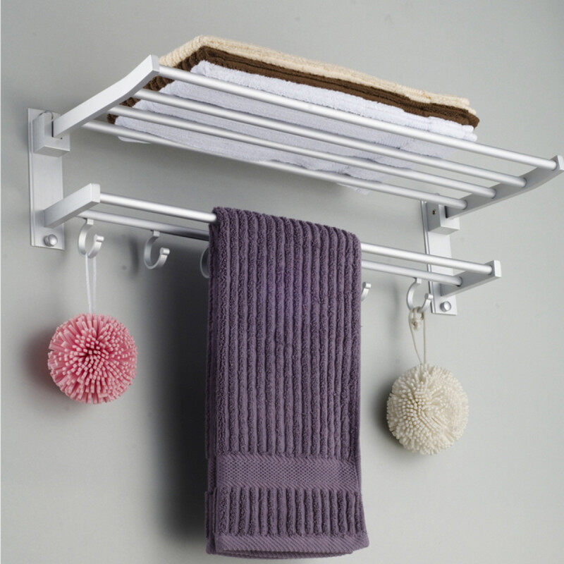 Foldable Alumimum Towel Bar Rack Holder Hanger W/ 5 Hooks Bathroom Hotel Shelf