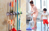 GETEK Plastic 4 Hooks Mop Brush Broom Organizer Storage Hanger Rack (Gray)