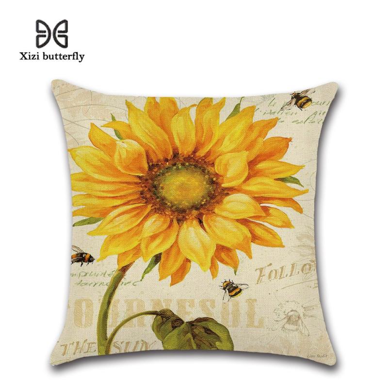 Yika GZ Set of 4 New Sunflower Painting Throw Sofa Pillow Case Cushion Cover Linen Cotton 45cm*45cm