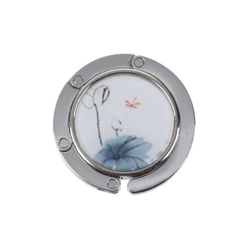 Ink Painting Style Lotus Folable Round Handbag Hook Table Hanger