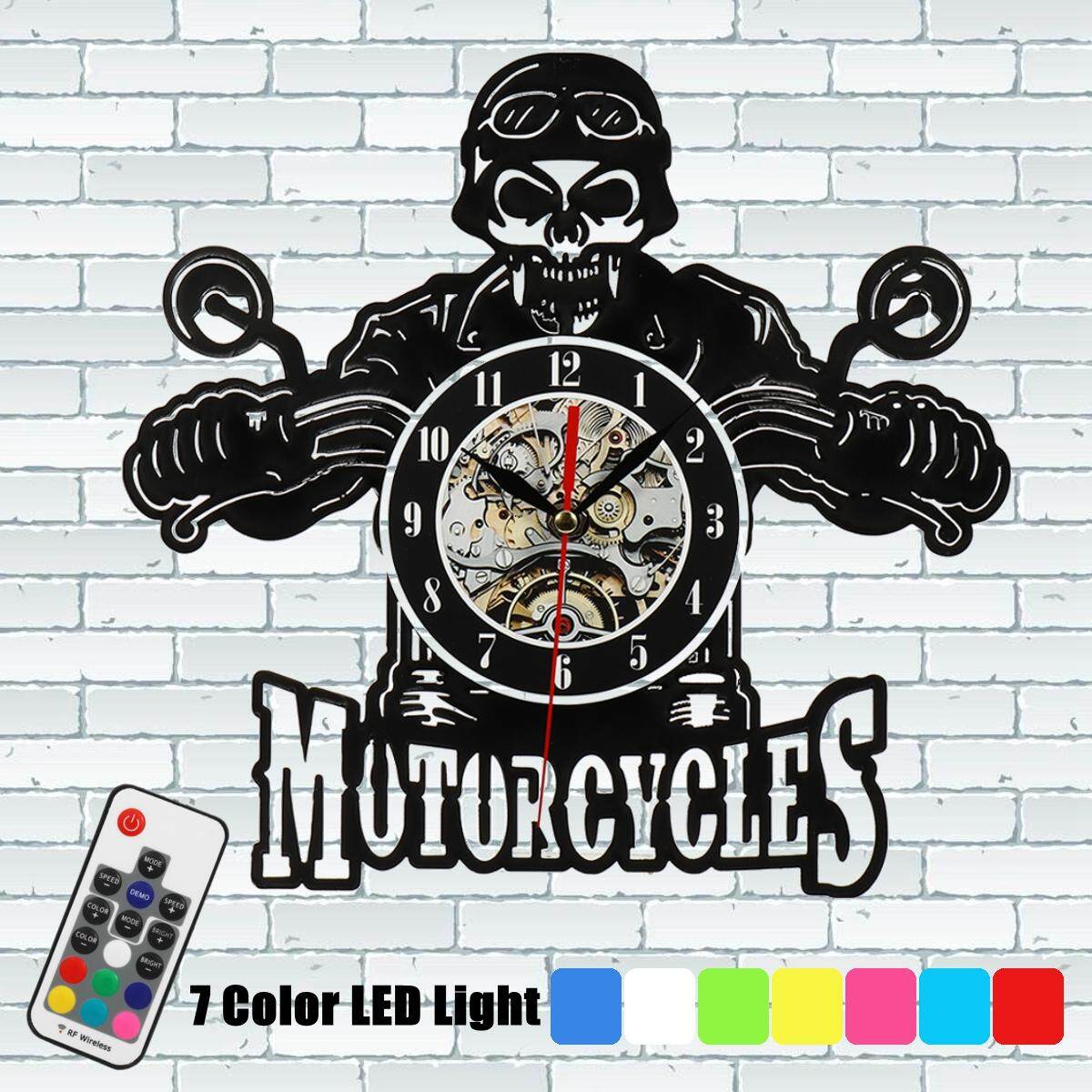 Motor Harley Klasik Raja Tengkorak Vinil Jam Dinding dengan LED Ringan Malam Ringan-Internasional