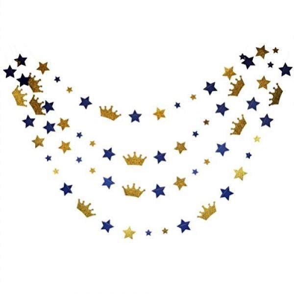 Mybbshower Mybbshower Royal Blue Stars and Gold Glitter Crown Paper Banner for Boy Birthday Party Decoration Pack of 20 Feet - intl
