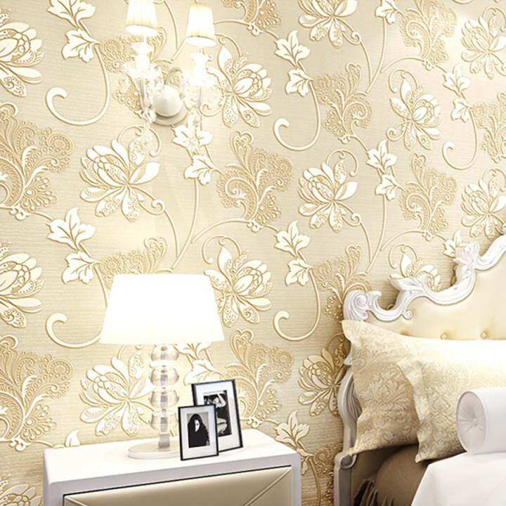 New 3D 10m Modern Luxury Non-woven Design Wall Stickers Textured Embossed Flocking Wallpaper Roll (Beige White) - intl