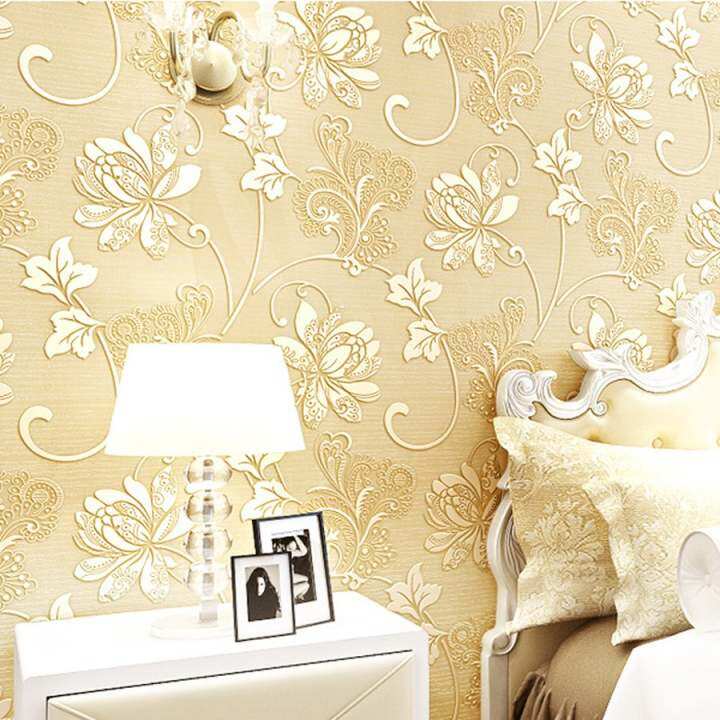 New 3D 10m Modern Luxury Non-woven Design Wall Stickers Textured Embossed Flocking Wallpaper Roll (Beige Yellow) - intl