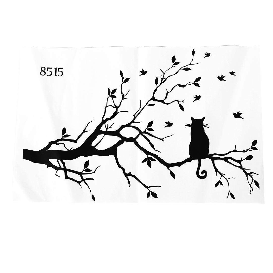 Kucing Yang Baru Dirancang Di Cabang Pohon Panjang DIY Vinil Dinding Stiker Animals Burung-burung Dinding Stiker Seni Transfers Jendela Stiker Rumah dekorasi 106*70 Cm (Internasional) -Internasional