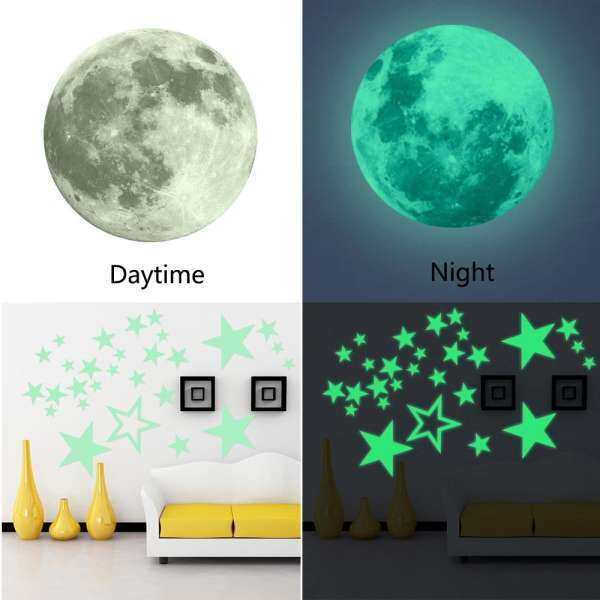 niceEshop Removable 30cm Moon Stars Glow In The Dark Sticker, Night Luminous Kids Room Wall Decal Stickers For Simulated Ideal Kids Decor Or Adults, Perfect Gift Kids Boys Girls, Gray