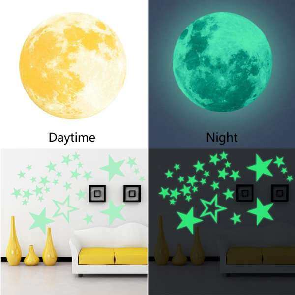 niceEshop Removable 30cm Moon Stars Glow In The Dark Sticker, Night Luminous Kids Room Wall Decal Stickers For Simulated Ideal Kids Decor Or Adults, Perfect Gift Kids Boys Girls, Yellow