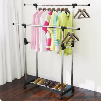 Portable Heavy Duty Double Rail Adjustable Garment Rack Rolling Clothes Hanger With Wheels
