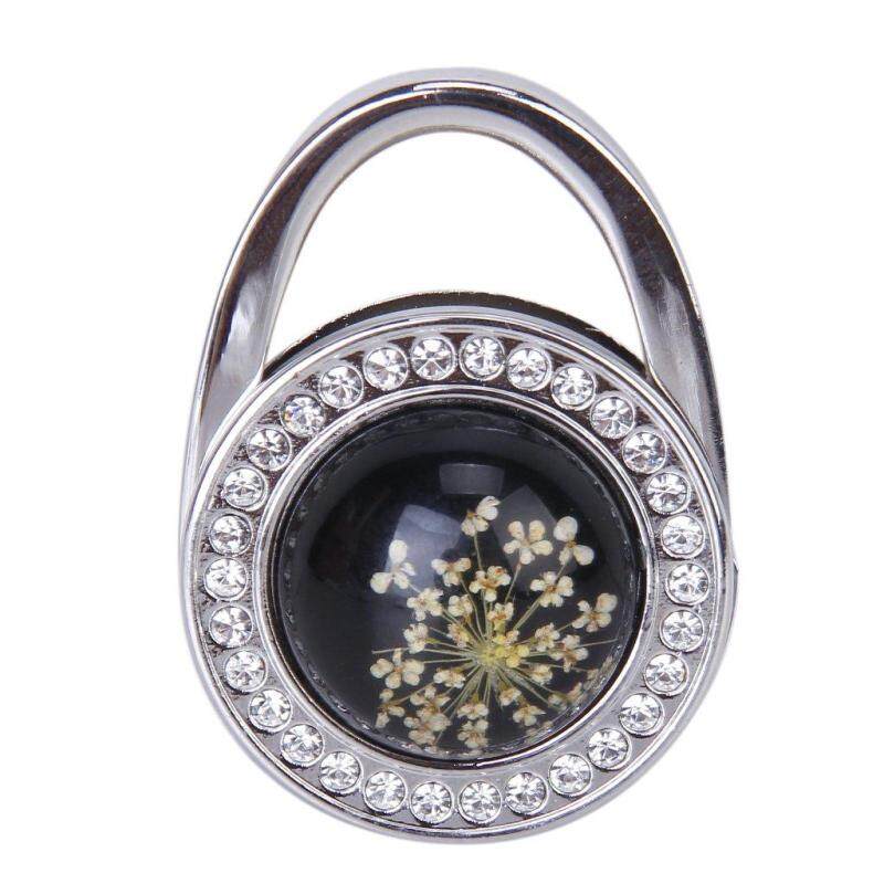 Pressed-Flower Pattern Round Rhinestone Handbag Folding Hanger Hook (Black)