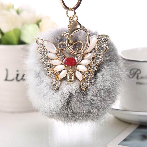 Bulu Kelinci Bola Rhinestone Gantungan Kunci Kupu-kupu Tas Mewah Cincin Kunci Mobil Liontin Kunci-Intl